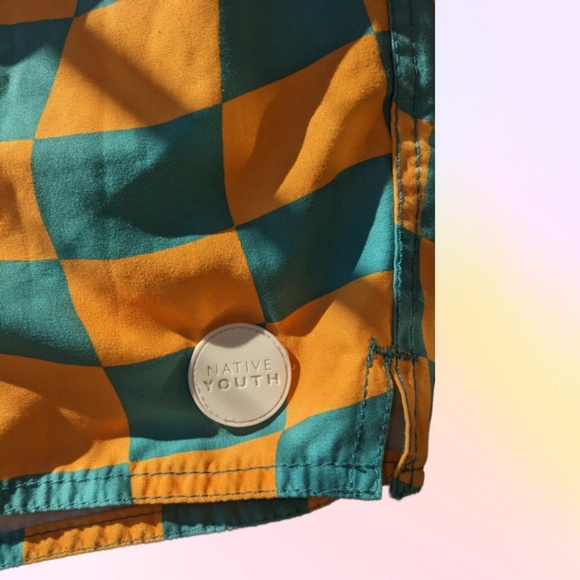 Blue & orange checkerboard swim trunks from Native Youth, Size men's 36 - Picture 3 of 4